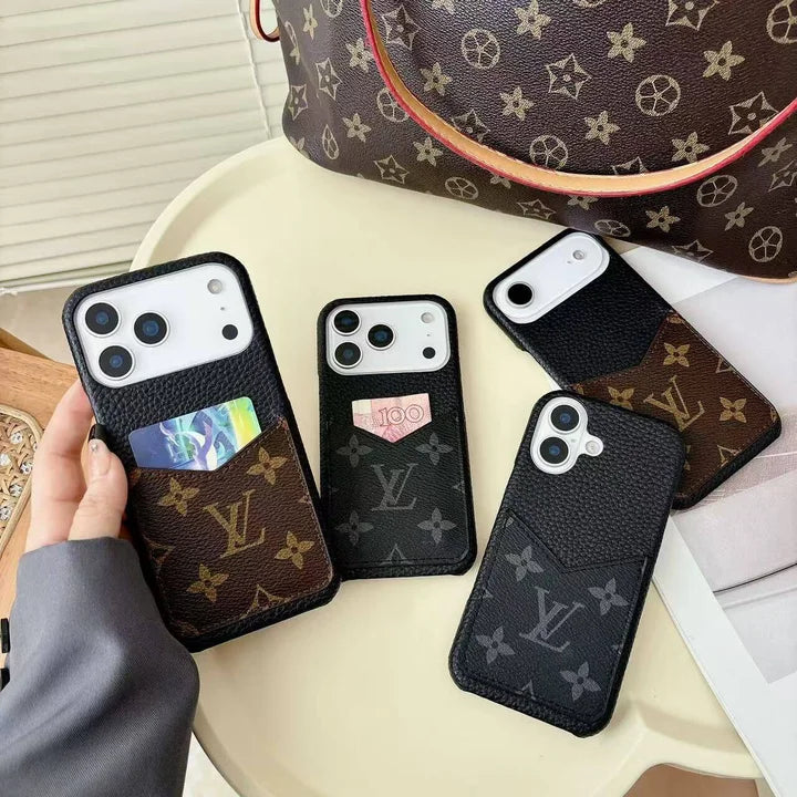 Monogram Leather Phone Case with Card Slot Case for iPhone 12-17