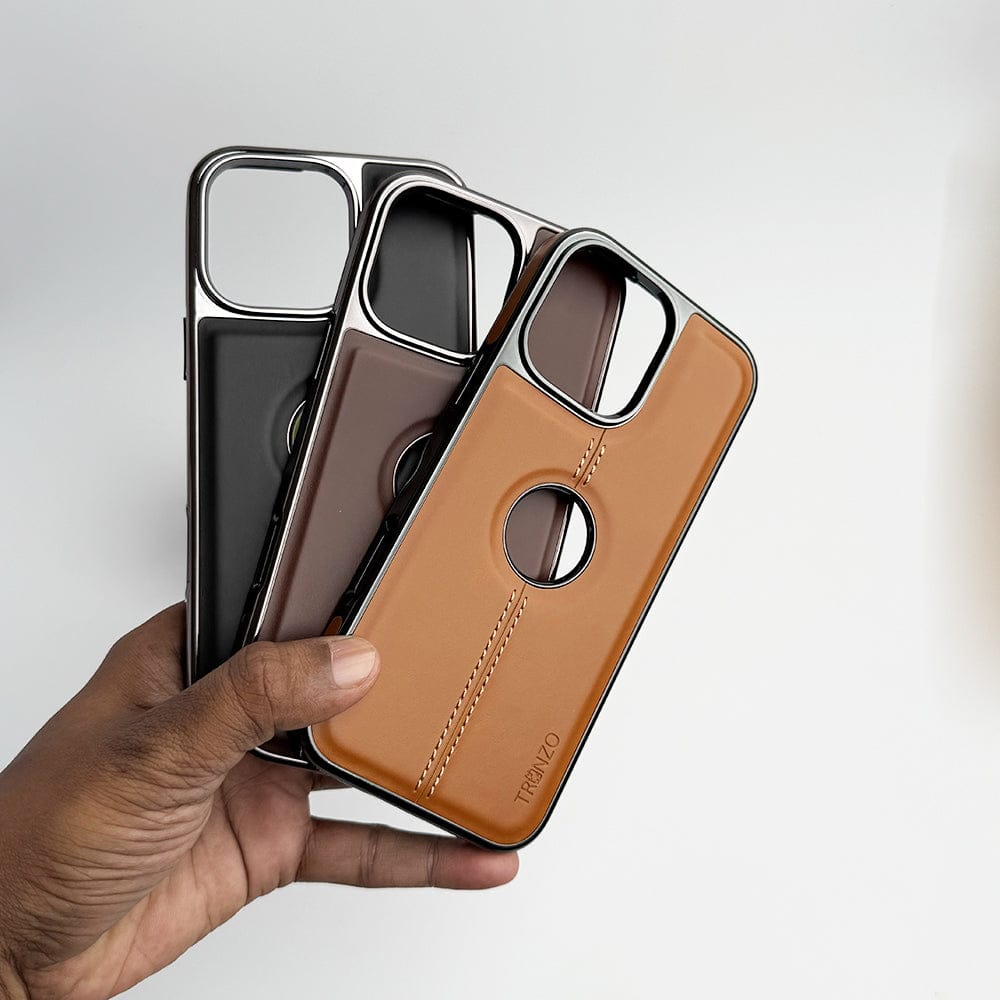 iPhone 16 Series Logo Cut Chrome Plated PU leather Luxury Case Cover
