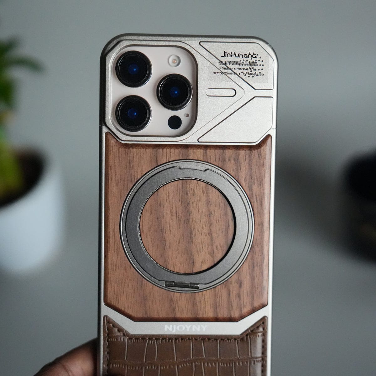 iPhone 16 Series Metallic Wood Leather AeroFLex Aluminium Case With Rotating Stand