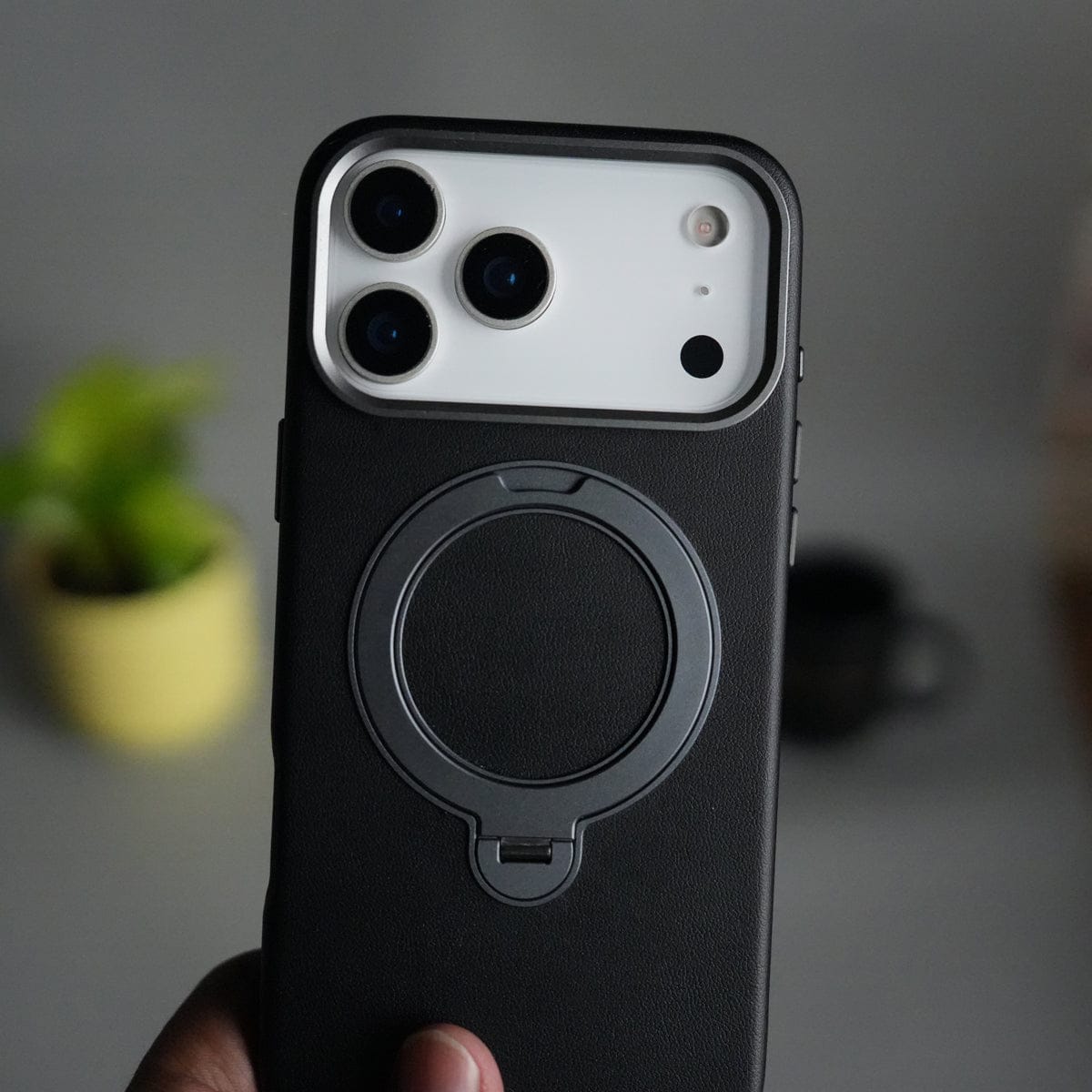 iPhone 17 Pro PU Leather Case with Metal Camera Frame & 360° Rotating Metal Stand