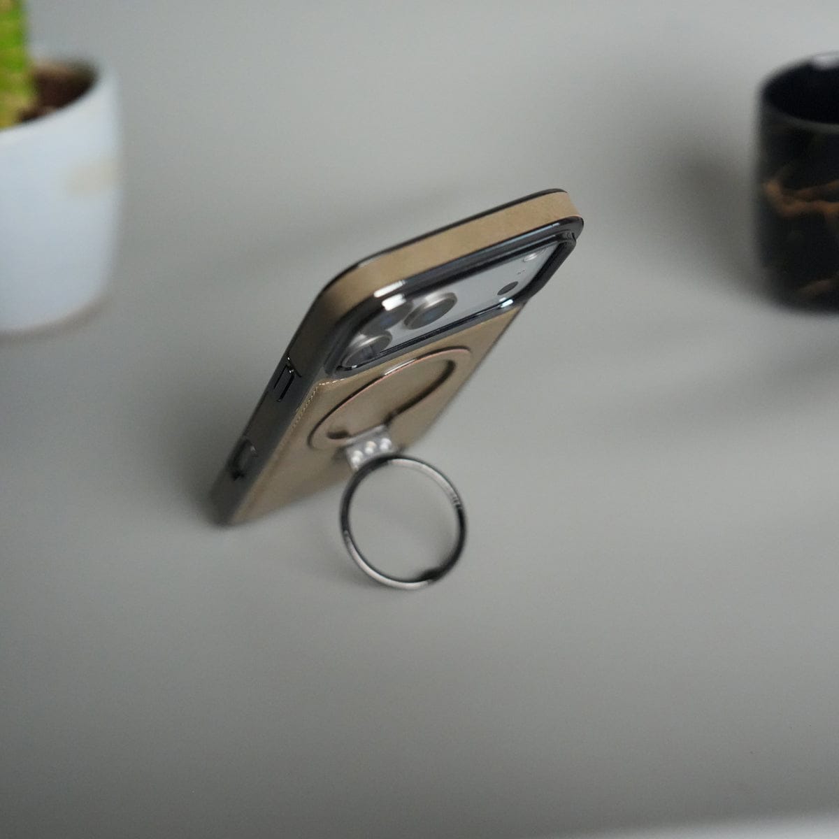 iPhone 17 Pro PU Leather Chrome Side Case With Ring Metal Stand
