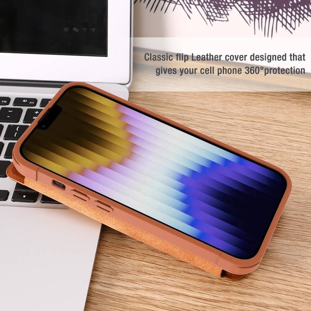 iPhone 15 Camera Protection QIN Leather Flip Case Brown