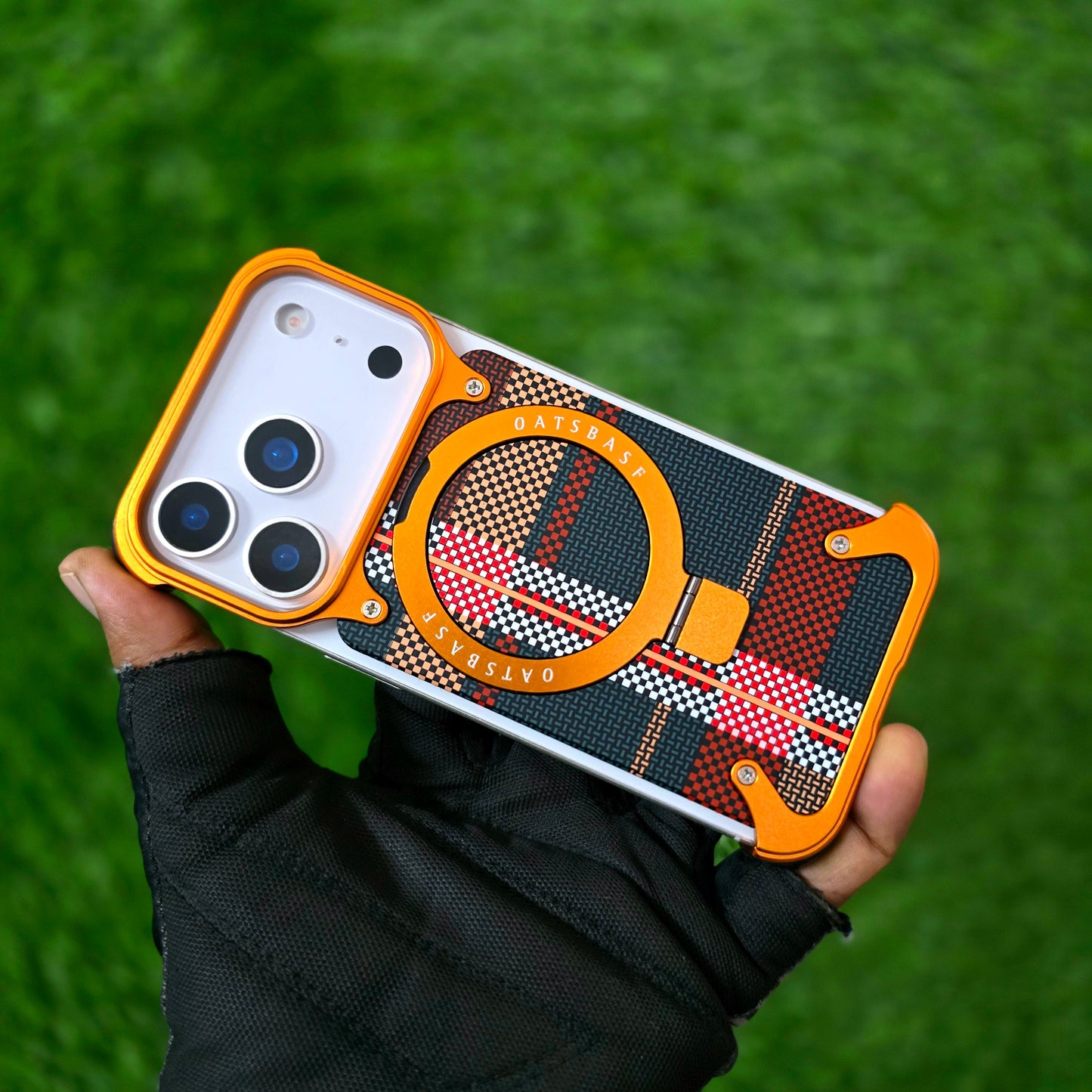 iPhone 17 Pro Max Metal Case, Frameless Leather Magnetic Invisible Stand Cover with Magsafe - Orange