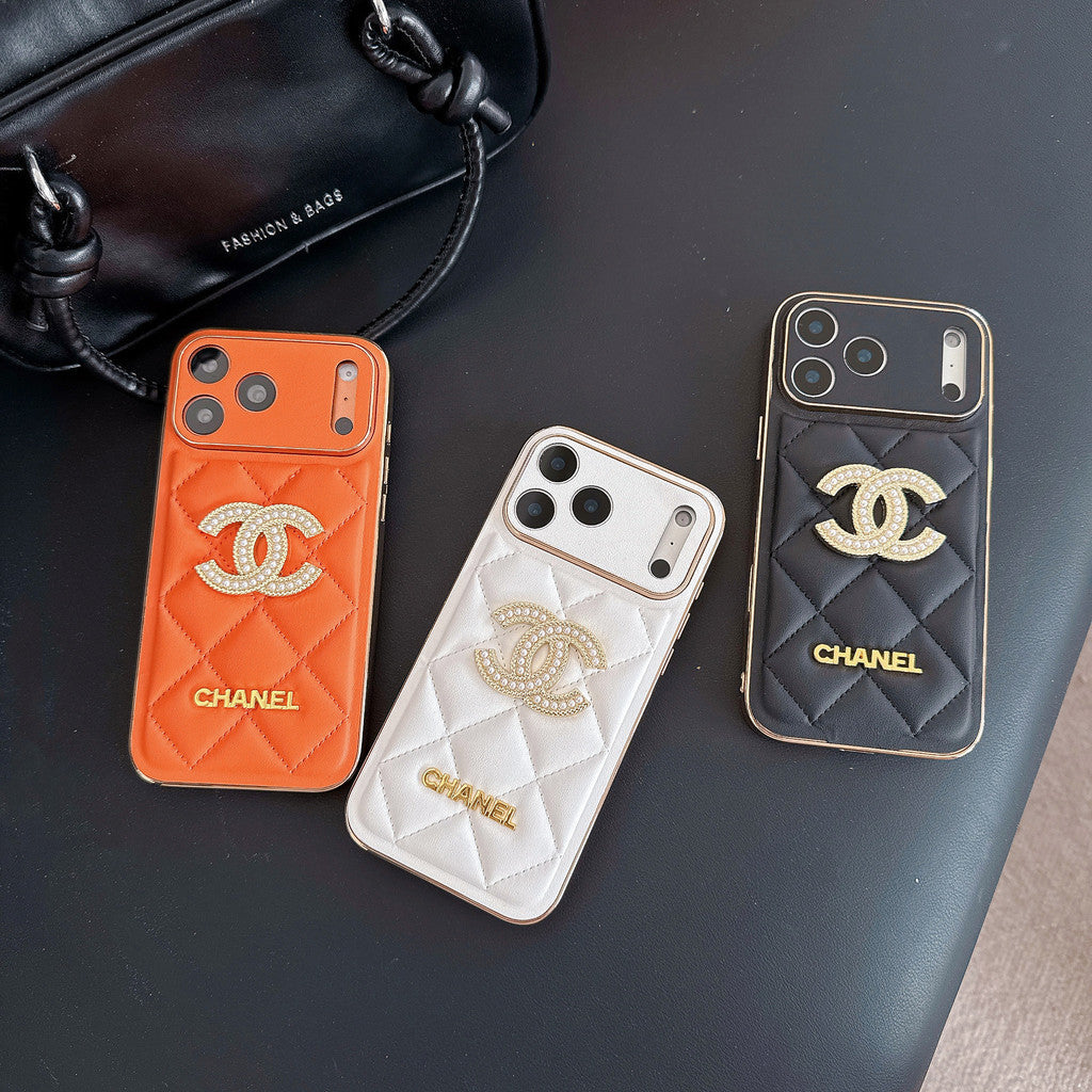 Leather Brand Phone Case Diamond Logo with Gold Label For iPhone 17/ 16 /15 / 14