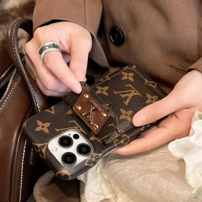 Monogram Canvas Case with Classic Leather Back Card Holder for iPhone 12-17