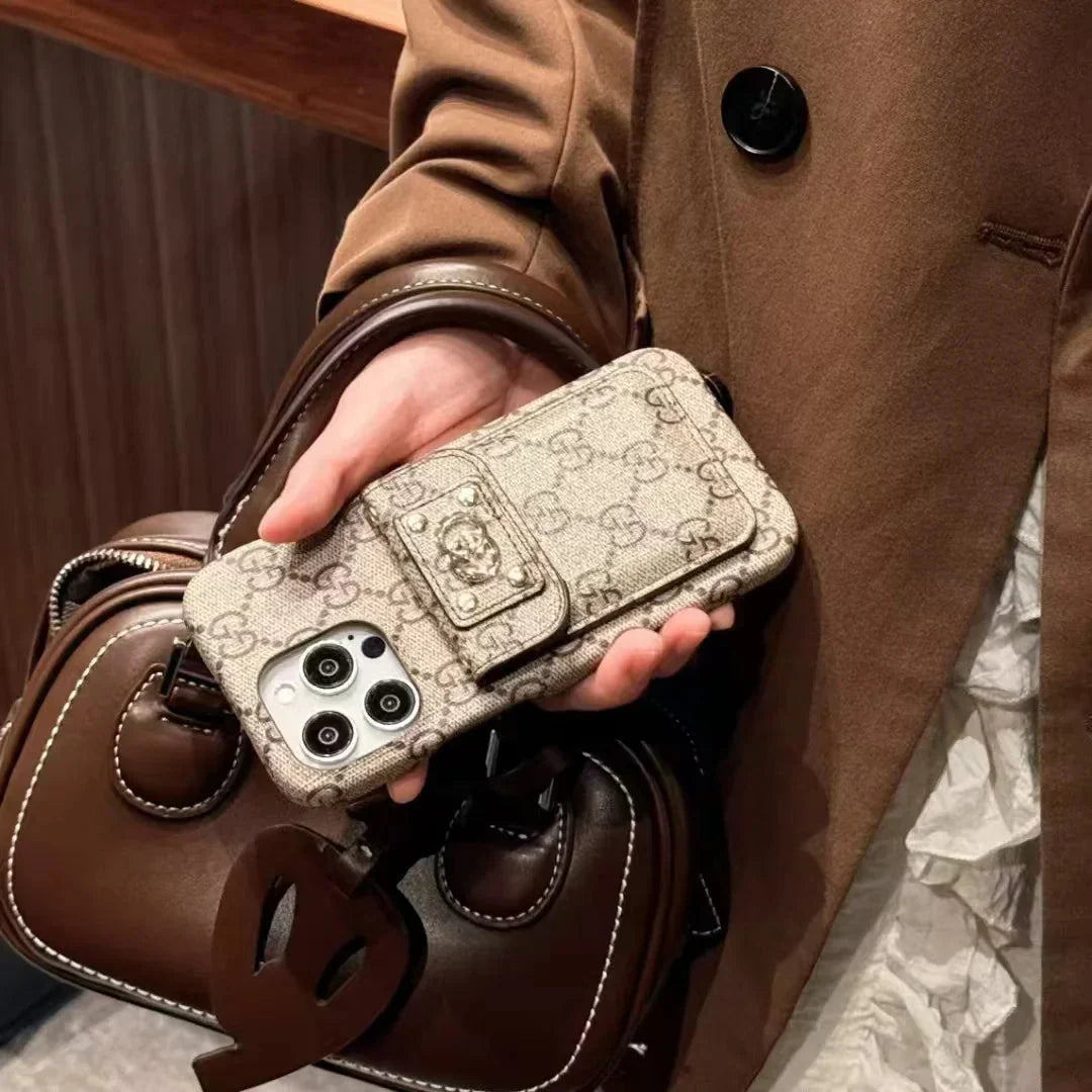 Monogram Canvas Case with Classic Leather Back Card Holder for iPhone 12-17