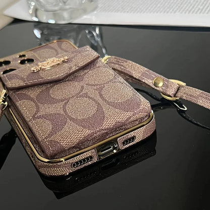 Luxury Logo Accordion Card Holder Leather Crossbody for iPhone 12-17