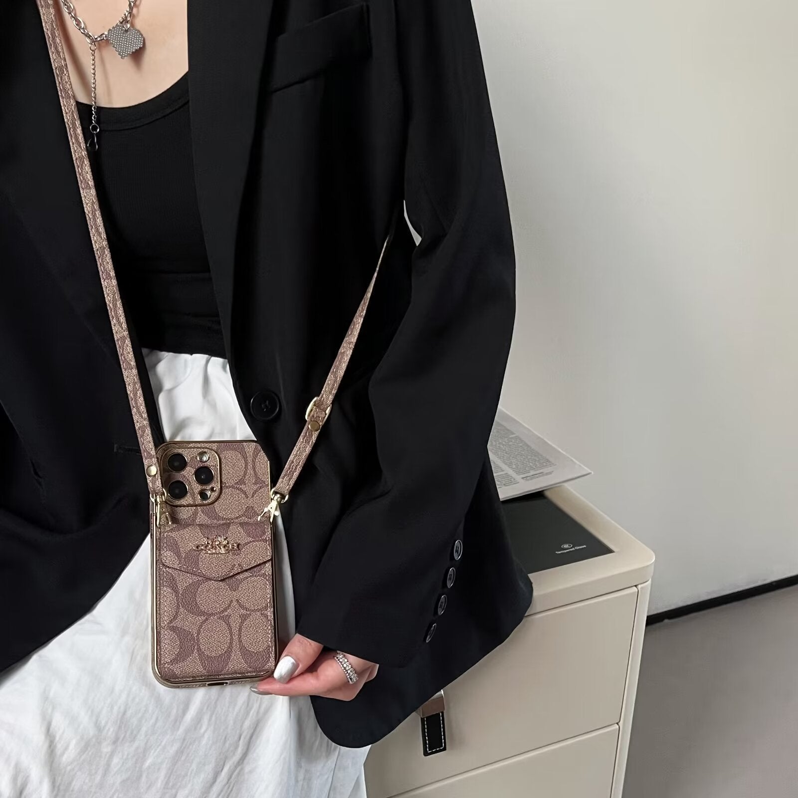 Luxury Logo Accordion Card Holder Leather Crossbody for iPhone 12-17