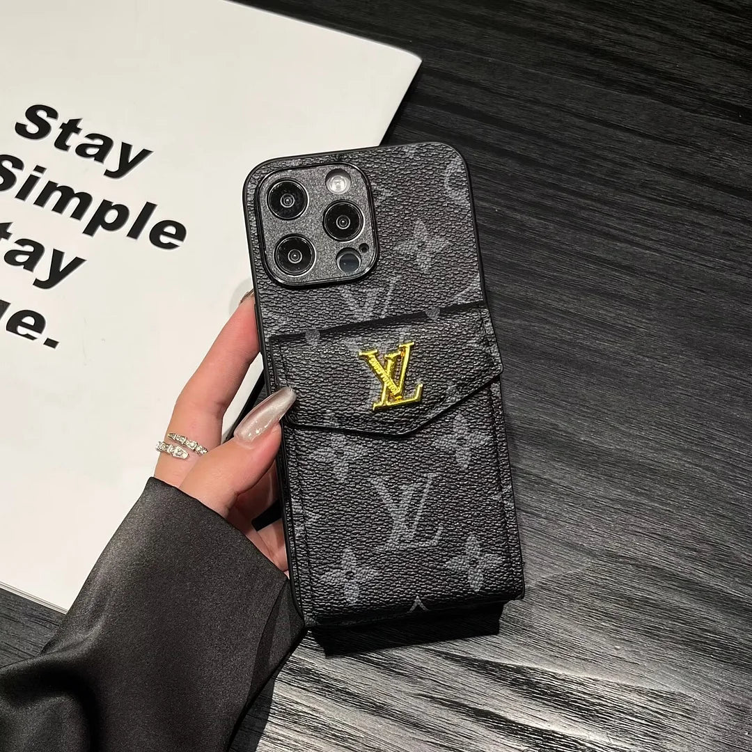 Luxury Card Holder Canvas Leather Phone Case for iPhone 12-17