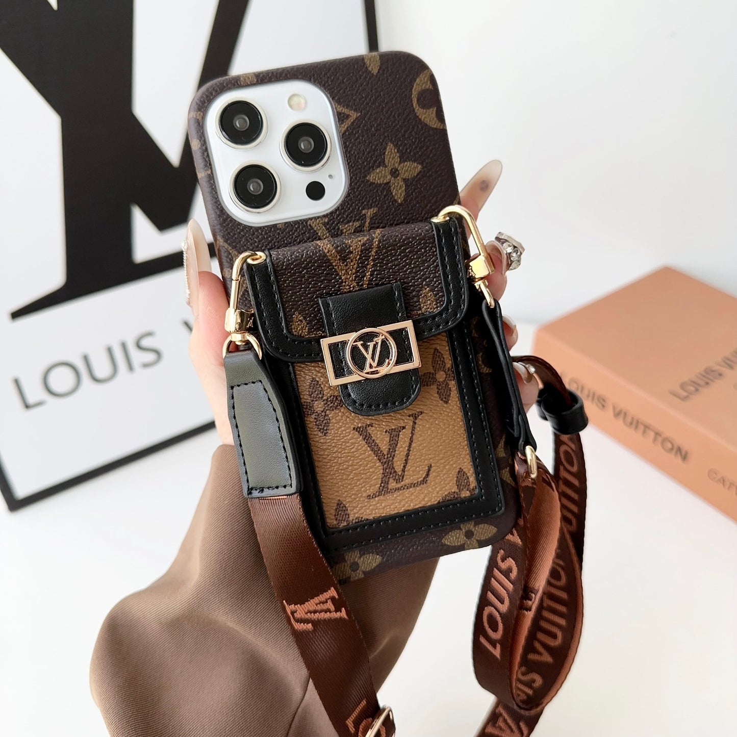 Luxury Dauphine Leather Monogram Crossbody for iPhone 12-17