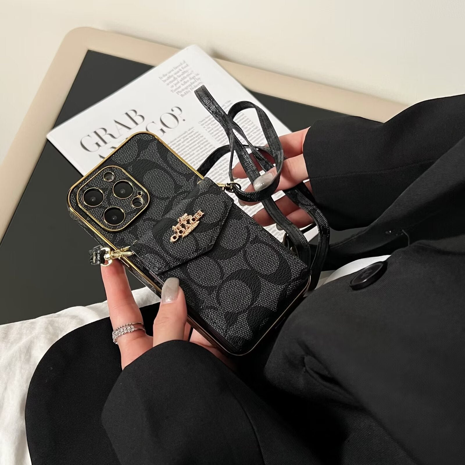 Luxury Logo Accordion Card Holder Leather Crossbody for iPhone 12-17