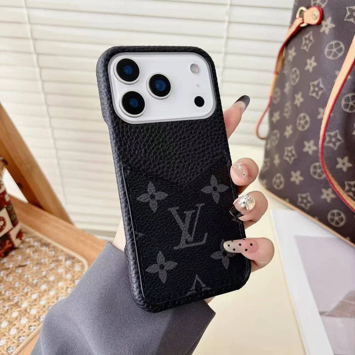 Monogram Leather Phone Case with Card Slot Case for iPhone 12-17