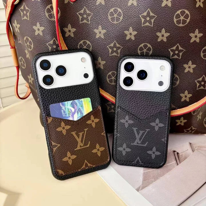 Monogram Leather Phone Case with Card Slot Case for iPhone 12-17