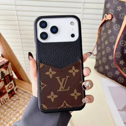 Monogram Leather Phone Case with Card Slot Case for iPhone 12-17