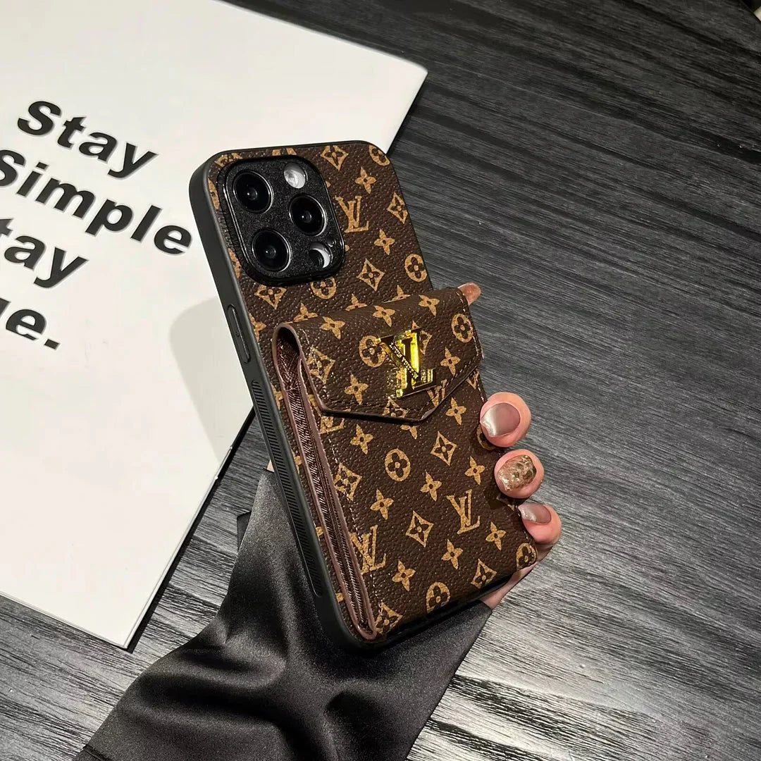 Luxury Card Holder Canvas Leather Phone Case for iPhone 12-17