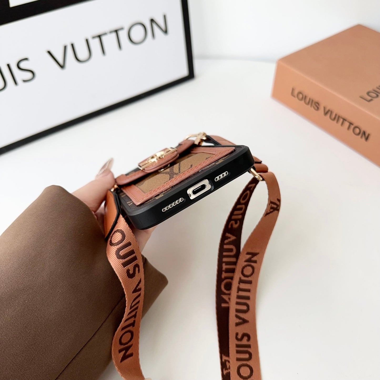 Luxury Dauphine Leather Monogram Crossbody for iPhone 12-17