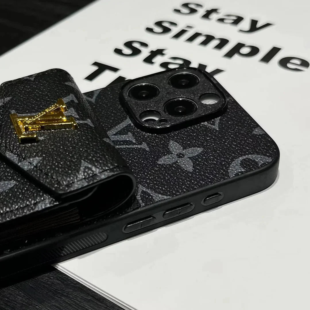 Luxury Card Holder Canvas Leather Phone Case for iPhone 12-17