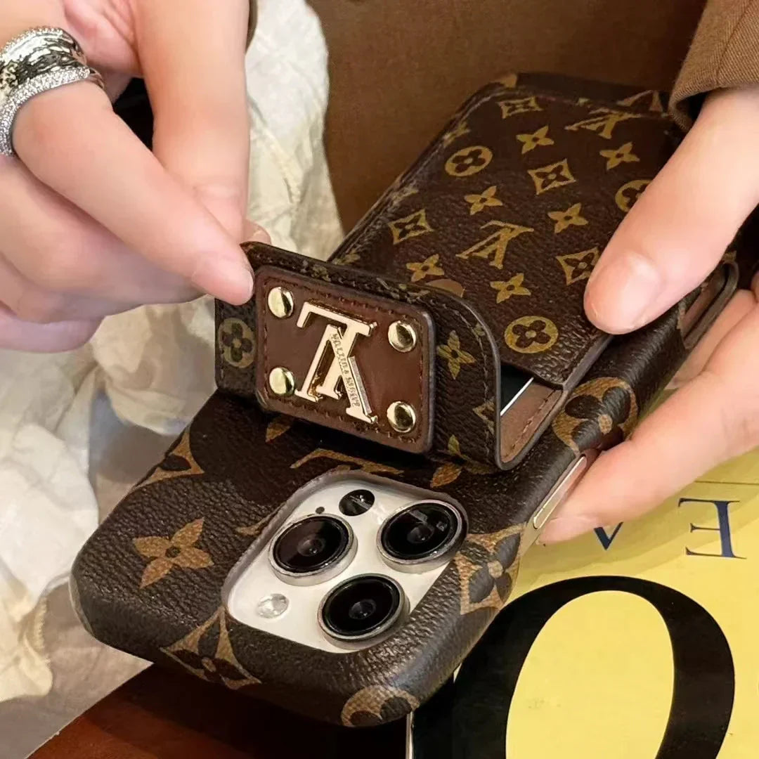 Monogram Canvas Case with Classic Leather Back Card Holder for iPhone 12-17