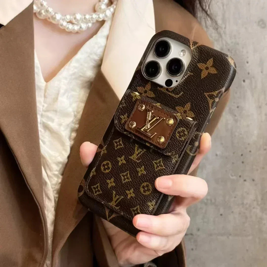 Monogram Canvas Case with Classic Leather Back Card Holder for iPhone 12-17