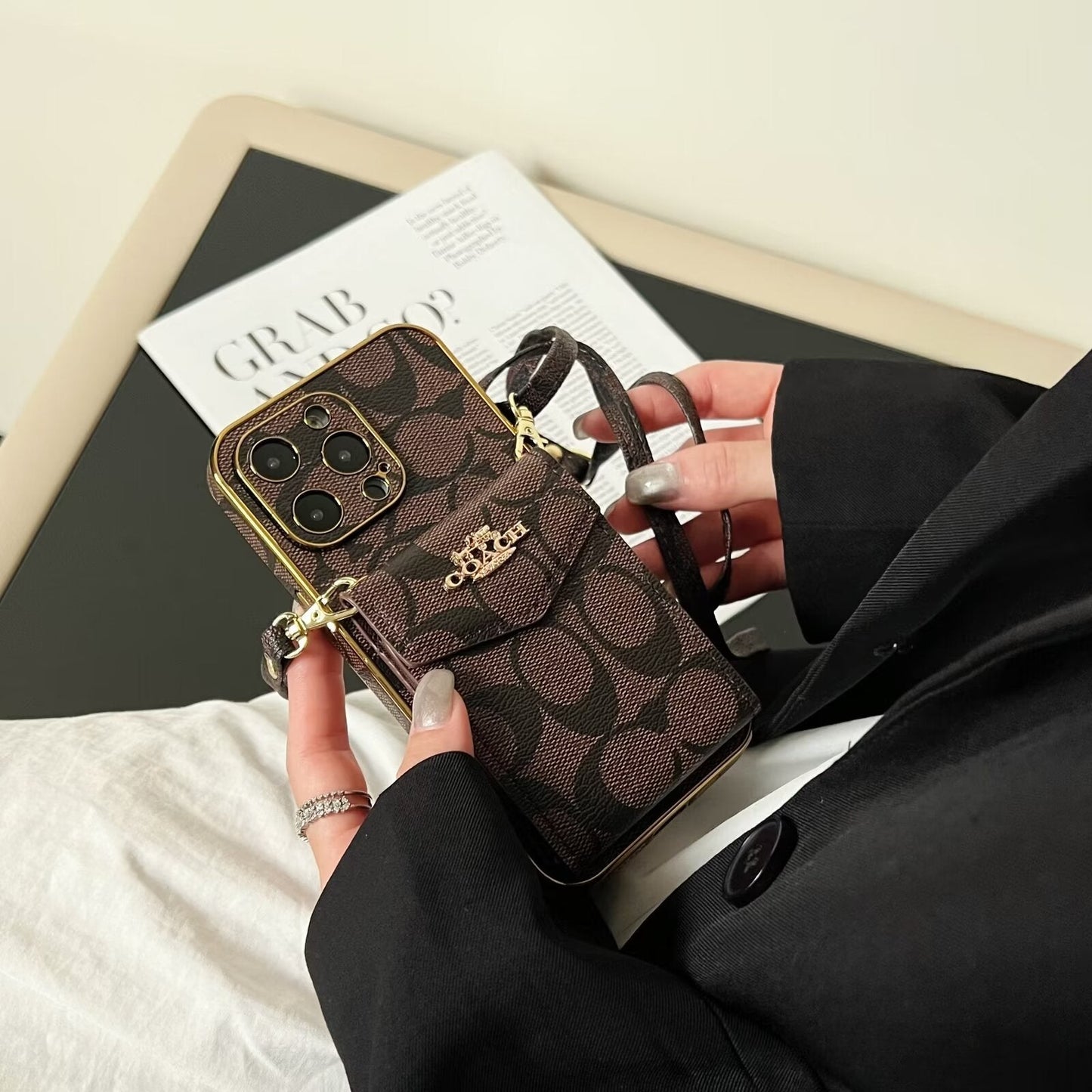 Luxury Logo Accordion Card Holder Leather Crossbody for iPhone 12-17