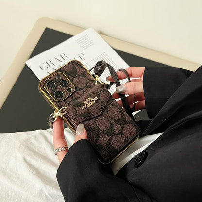 Luxury Logo Accordion Card Holder Leather Crossbody for iPhone 12-17