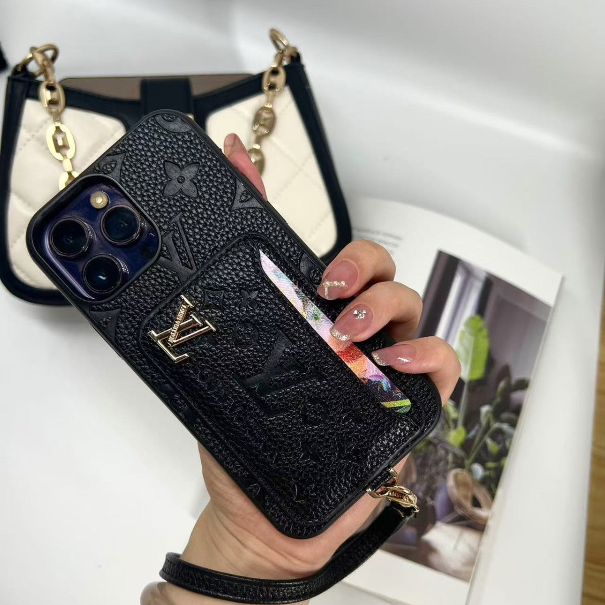 Luxe Card Holder Strap Case – Inspired Elegance for iPhone 13-17