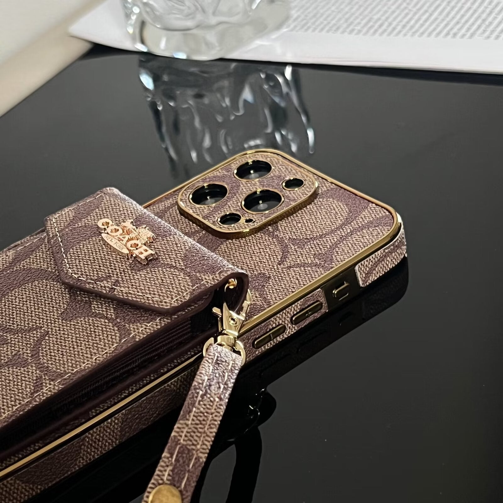 Luxury Logo Accordion Card Holder Leather Crossbody for iPhone 12-17
