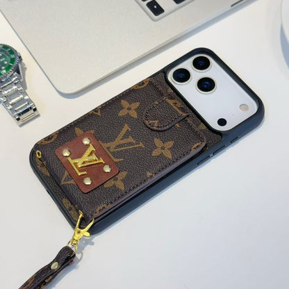 Luxury Leather Case Card Holder with Gold Logo For iPhone 12-17