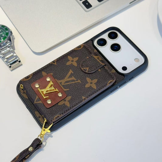 Luxury Leather Case Card Holder with Gold Logo For iPhone 12-17