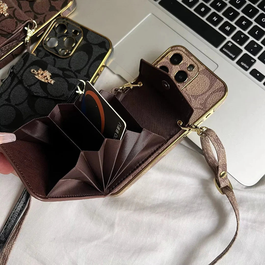 Luxury Logo Accordion Card Holder Leather Crossbody for iPhone 12-17