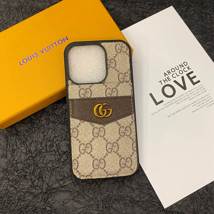 Luxury Phone Case Made of Genuine Leather with a Monogram Pattern for iPhone 13-17