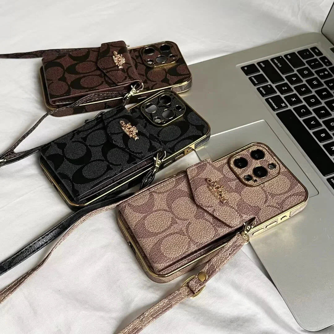 Luxury Logo Accordion Card Holder Leather Crossbody for iPhone 12-17