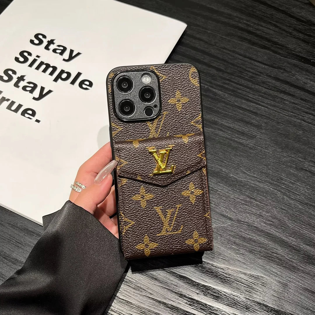 Luxury Card Holder Canvas Leather Phone Case for iPhone 12-17