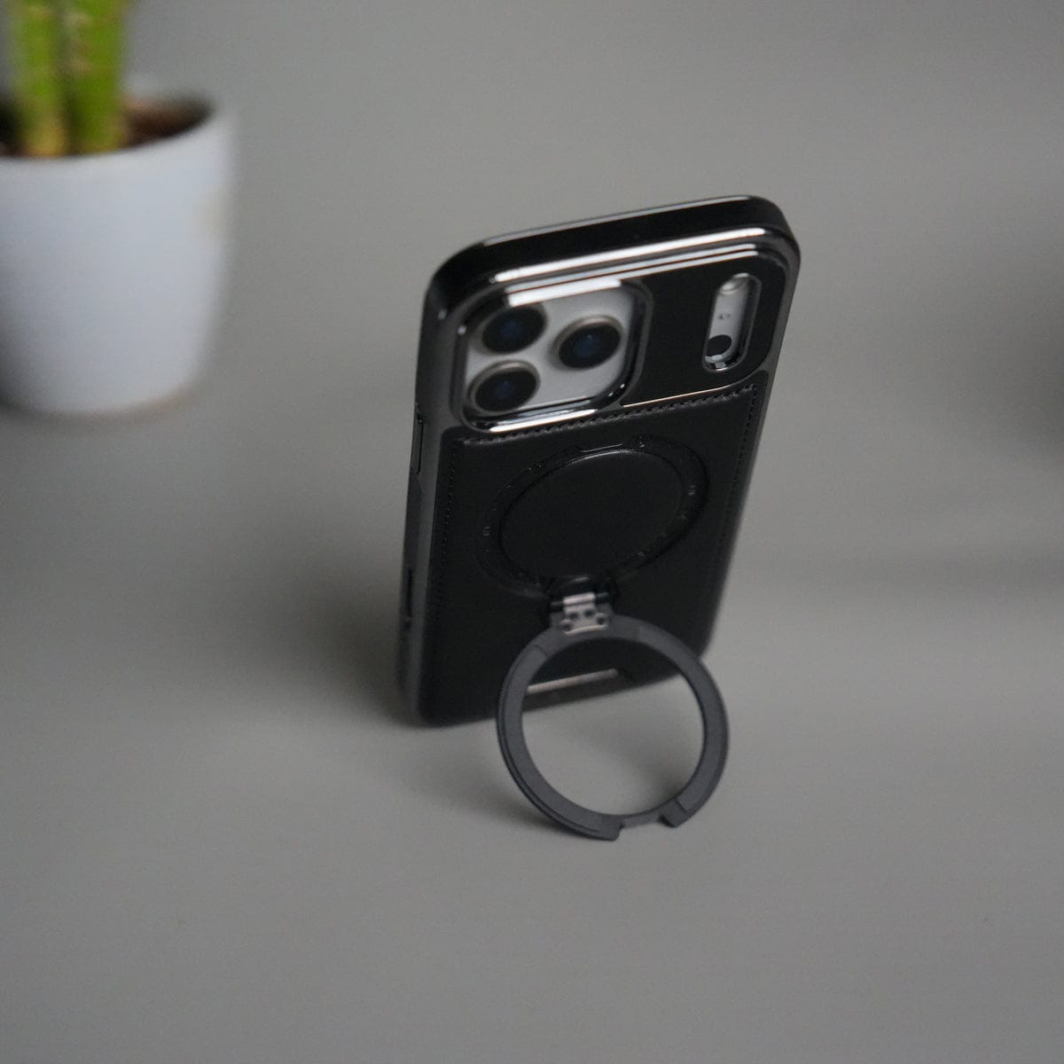 iPhone 17 Pro Luxury Leather Magnetic Ring Case | Metal Kickstand Cover with Chrome Frame