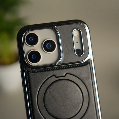 iPhone 17 Pro Luxury Leather Magnetic Ring Case | Metal Kickstand Cover with Chrome Frame