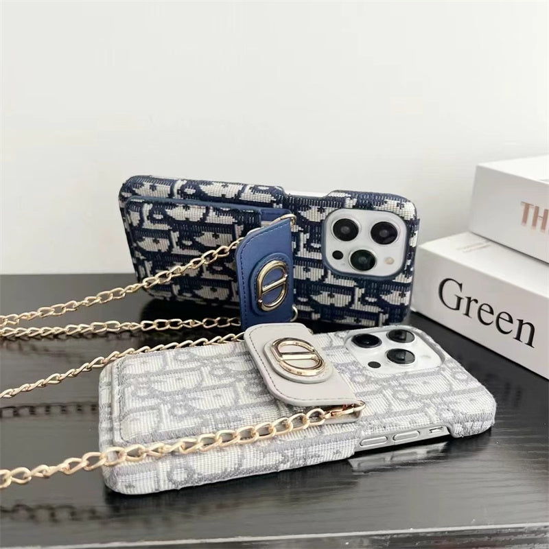 Luxury Phone Case with Chain, Card Slot, and Metal Logo for iPhone 12-17
