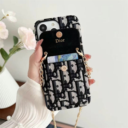 Luxury Phone Case with Chain, Card Slot, and Metal Logo for iPhone 12-17
