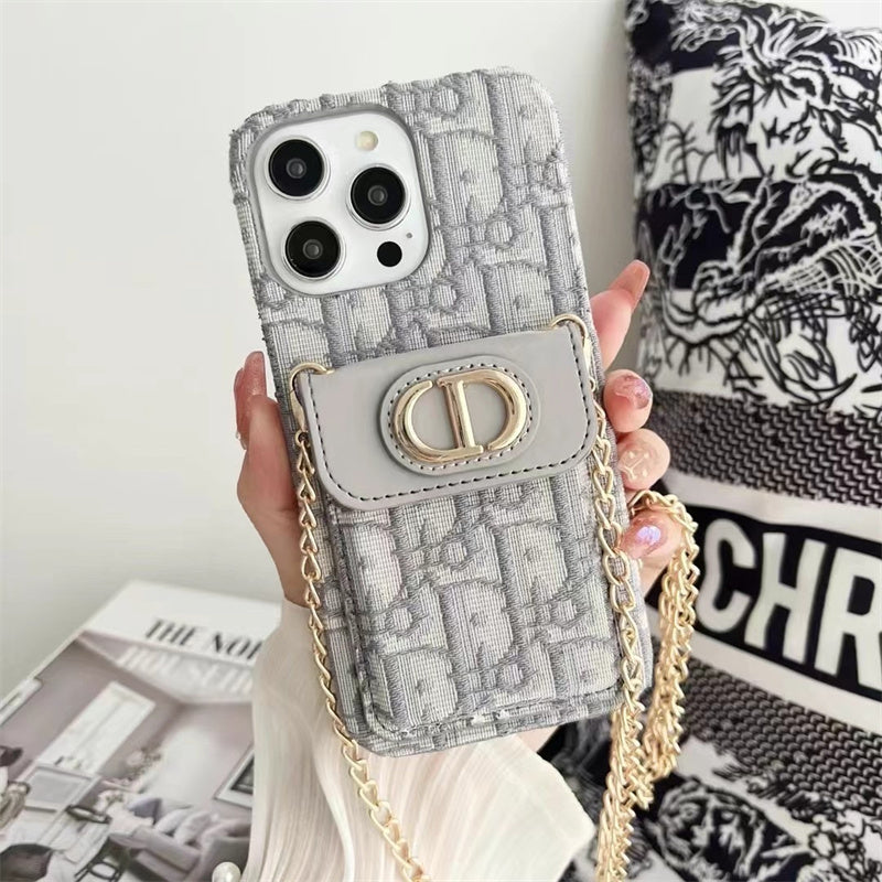 Luxury Phone Case with Chain, Card Slot, and Metal Logo for iPhone 12-17