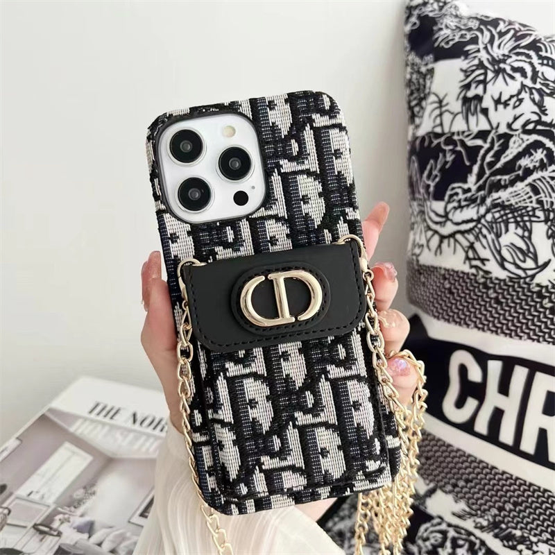 Luxury Phone Case with Chain, Card Slot, and Metal Logo for iPhone 12-17