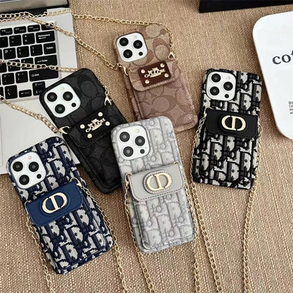Luxury Phone Case with Chain, Card Slot, and Metal Logo for iPhone 12-17