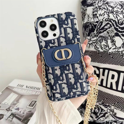 Luxury Phone Case with Chain, Card Slot, and Metal Logo for iPhone 12-17