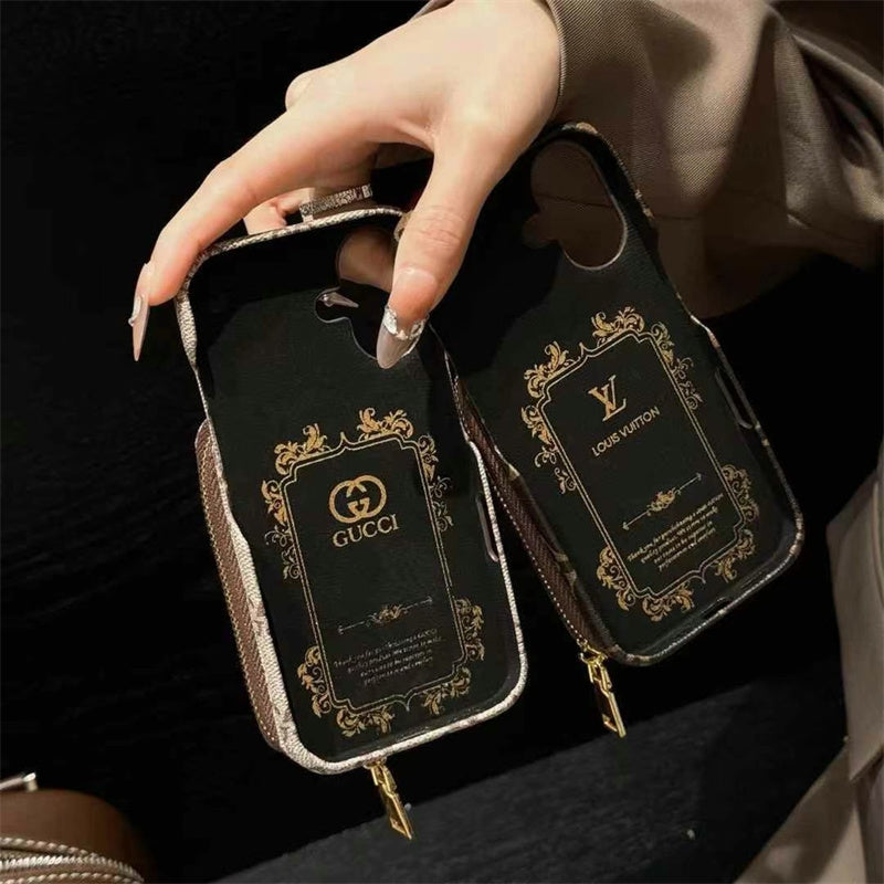Elegance Monogram Leather Phone Case with Card Holder Strap For iPhone 13-17