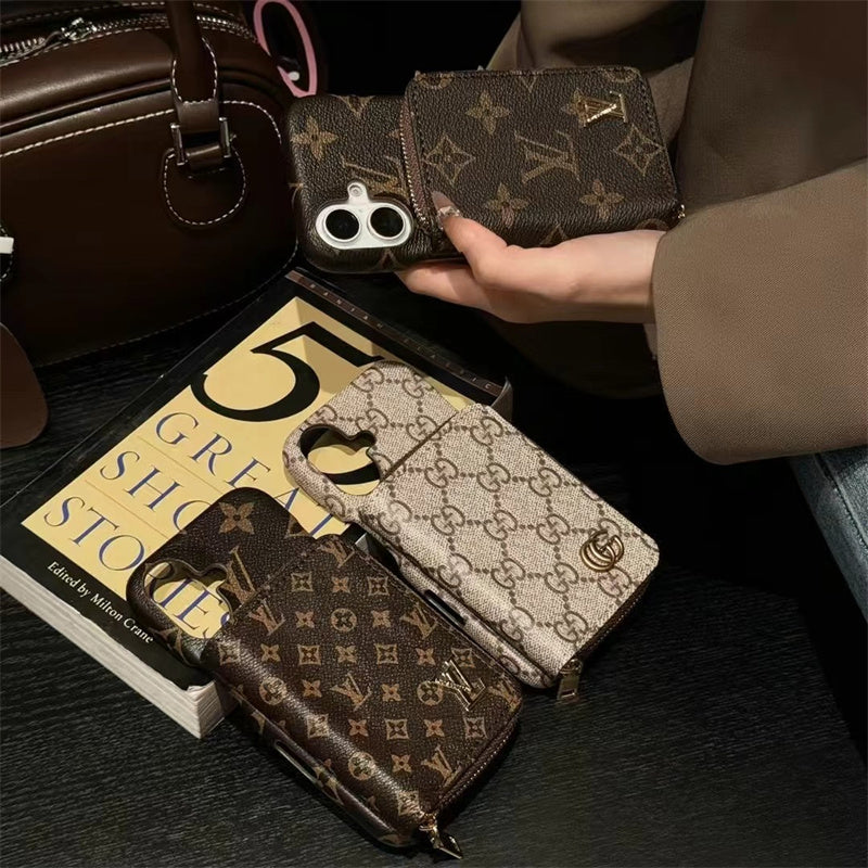 Elegance Monogram Leather Phone Case with Card Holder Strap For iPhone 13-17