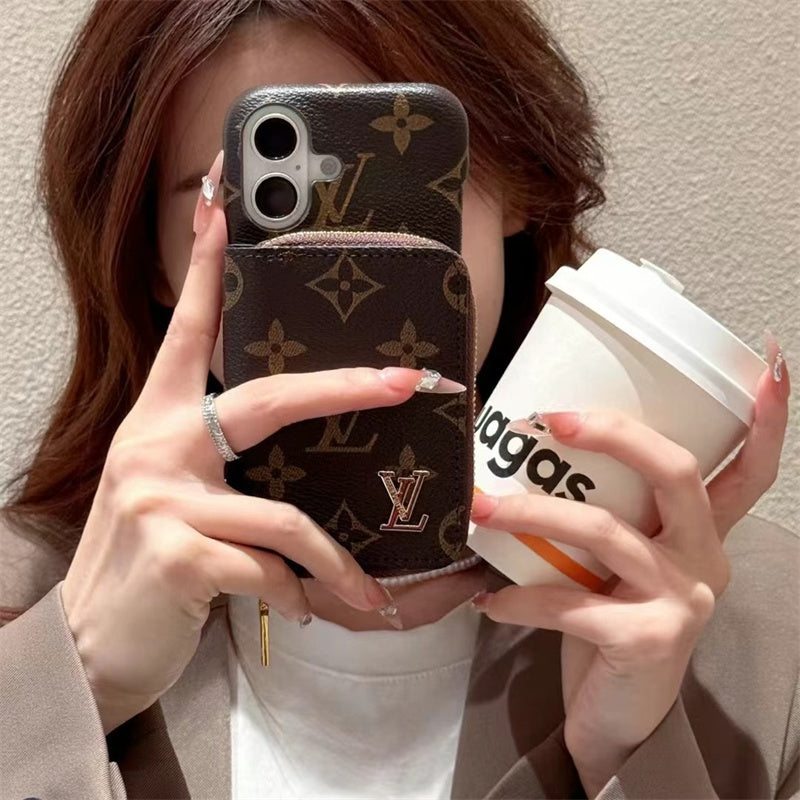 Elegance Monogram Leather Phone Case with Card Holder Strap For iPhone 13-17