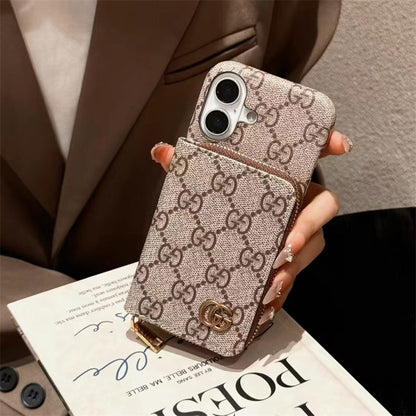 Elegance Monogram Leather Phone Case with Card Holder Strap For iPhone 13-17