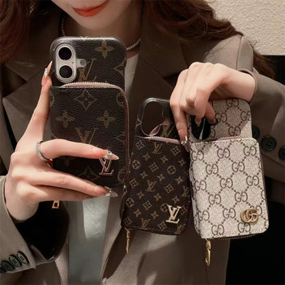 Elegance Monogram Leather Phone Case with Card Holder Strap For iPhone 13-17