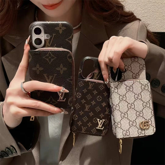 Elegance Monogram Leather Phone Case with Card Holder Strap For iPhone 13-17