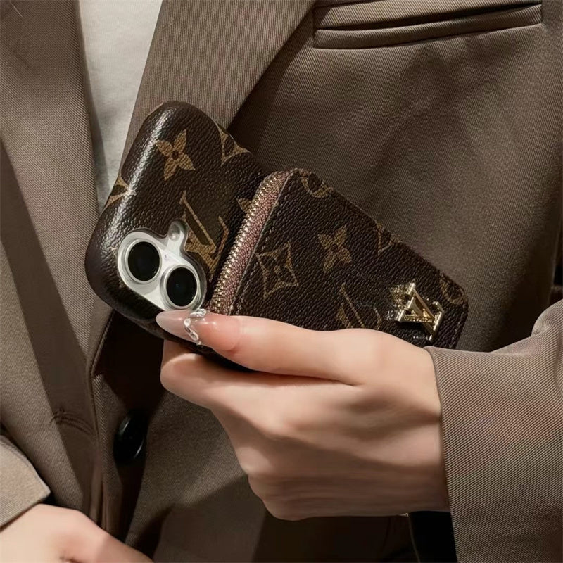 Elegance Monogram Leather Phone Case with Card Holder Strap For iPhone 13-17