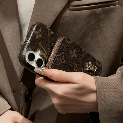Elegance Monogram Leather Phone Case with Card Holder Strap For iPhone 13-17