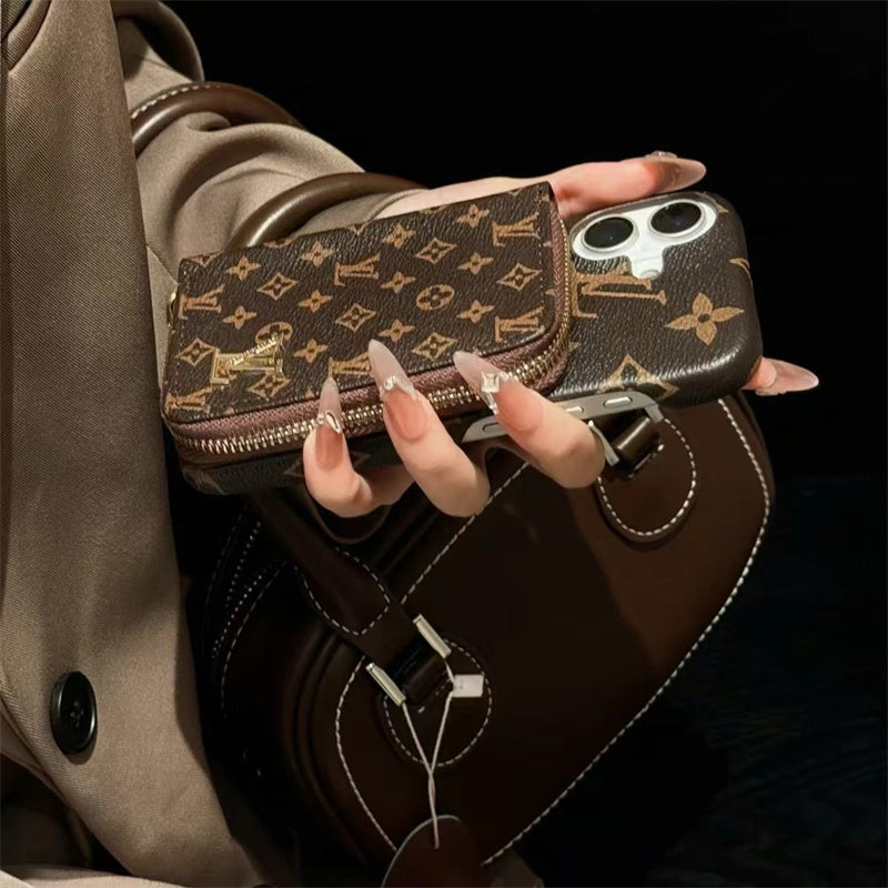 Elegance Monogram Leather Phone Case with Card Holder Strap For iPhone 13-17